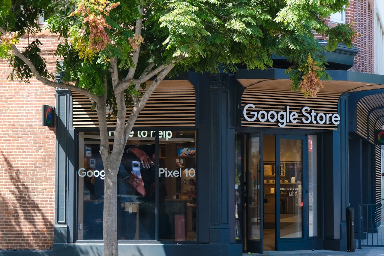 Google Store entrance in Los Angeles, showcasing trendy tech products and modern architecture.